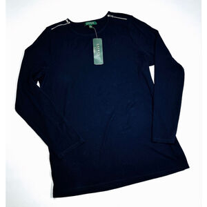 NWT Lauren Ralph Lauren Navy Ribbed Long Sleeve Tee 1X Coton